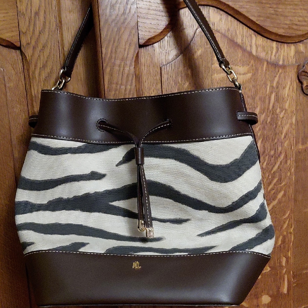 Ralph Lauren Zebra-Print Canvas Shoulder Bag with Brown Leather Trim